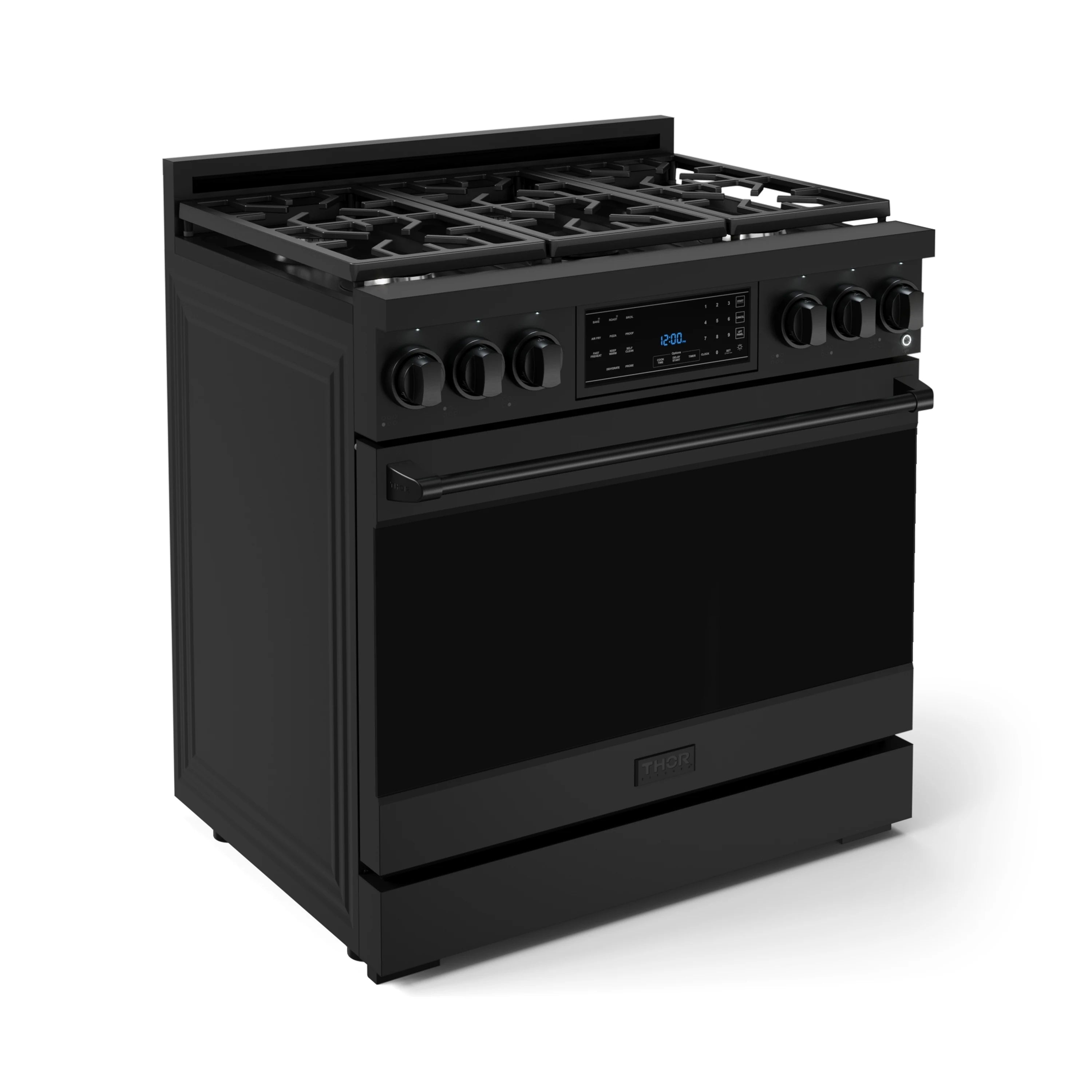 Angled view of black professional gas range with grates and control knobs