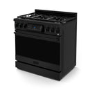 Black professional gas range with front burner grates and touch control panel