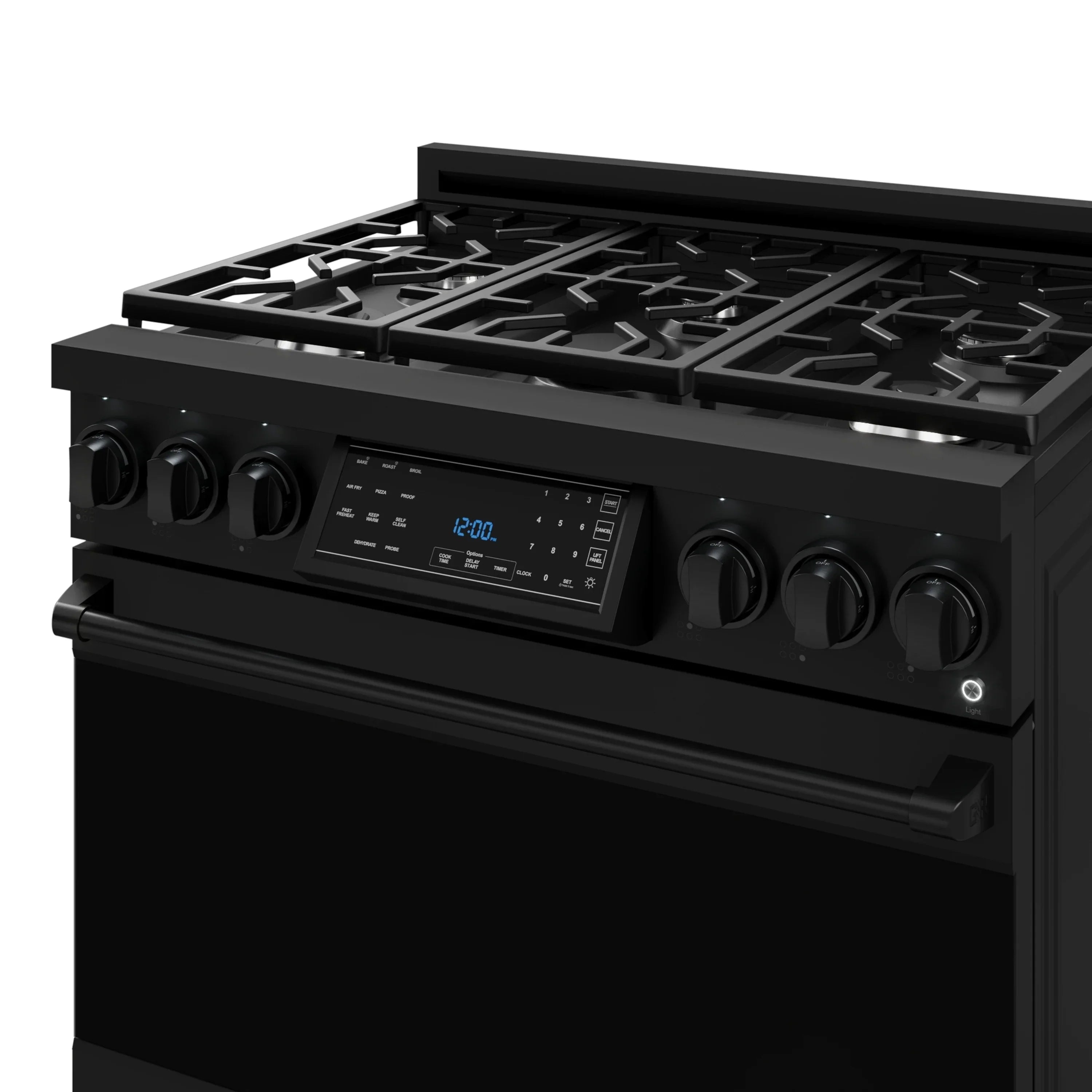 Black 36-inch propane gas range with four burners and front control panel