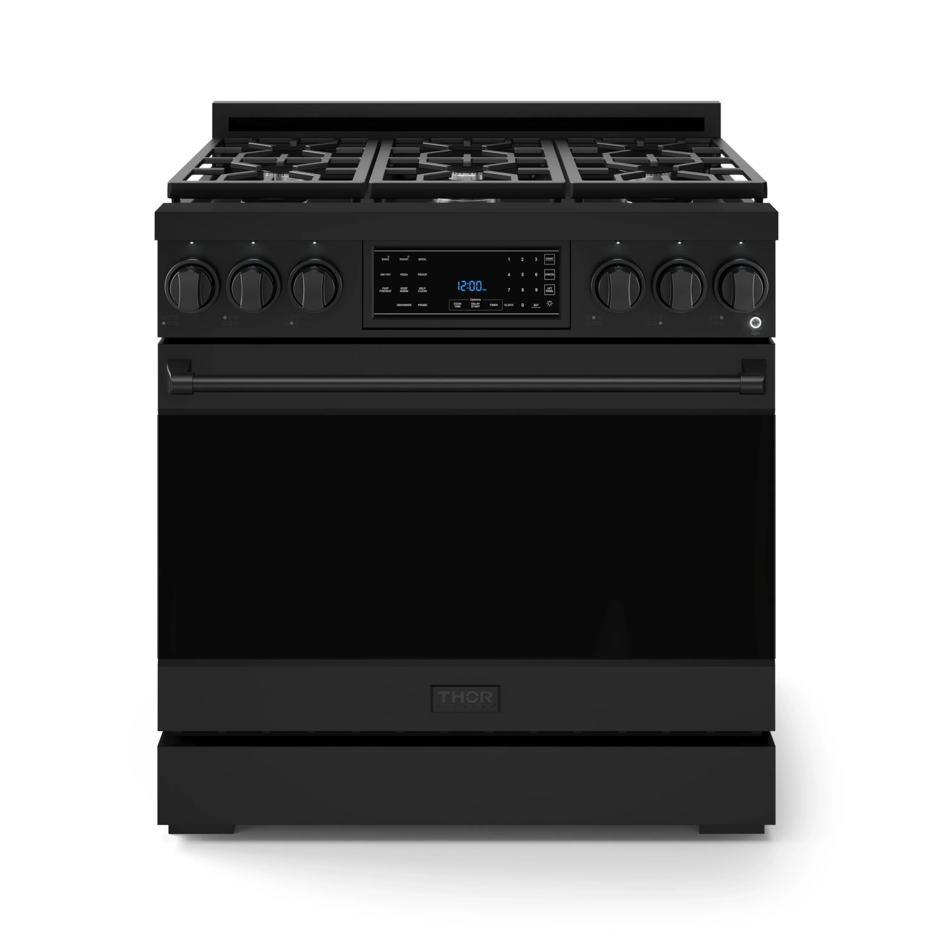 Black propane gas range with six burners and front control panel
