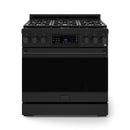Front view of black professional gas range with cooktop grates and oven door