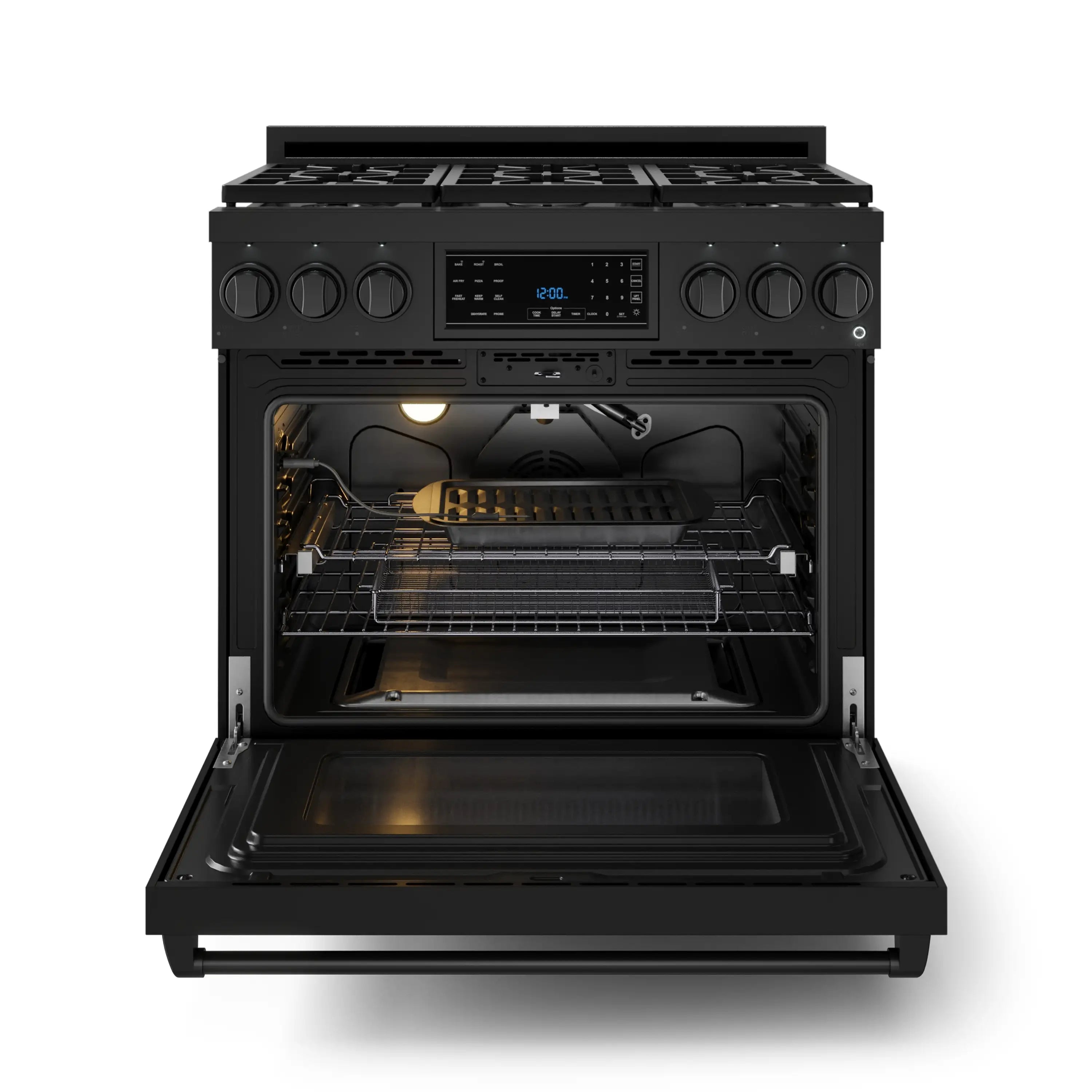 Black gas range with open self-clean oven door, interior racks and heating elements