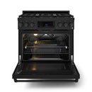 Black gas range with open self-clean oven door, interior racks and heating elements