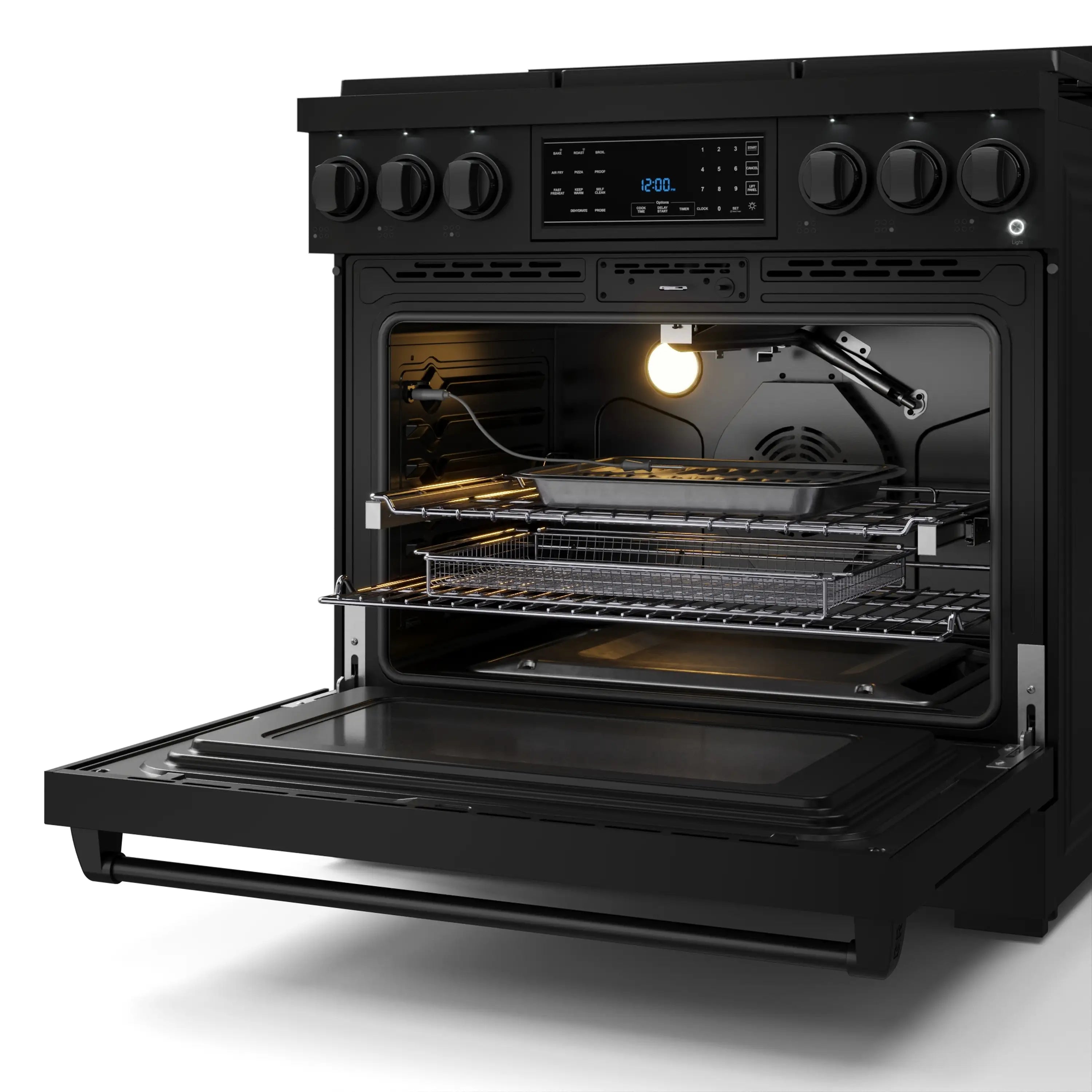Black gas range with open oven showing broil light, rack rails, and burner layout