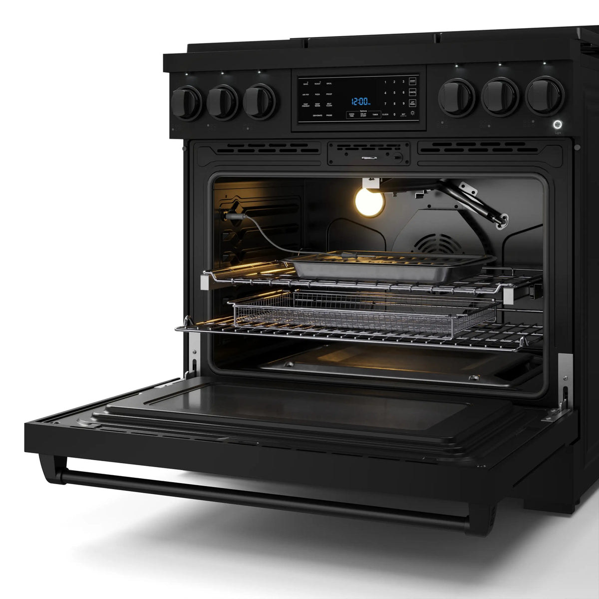 Black gas range oven interior with lit bulb and wire racks