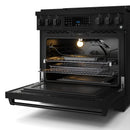 Black gas range with open oven showing broil light, rack rails, and burner layout