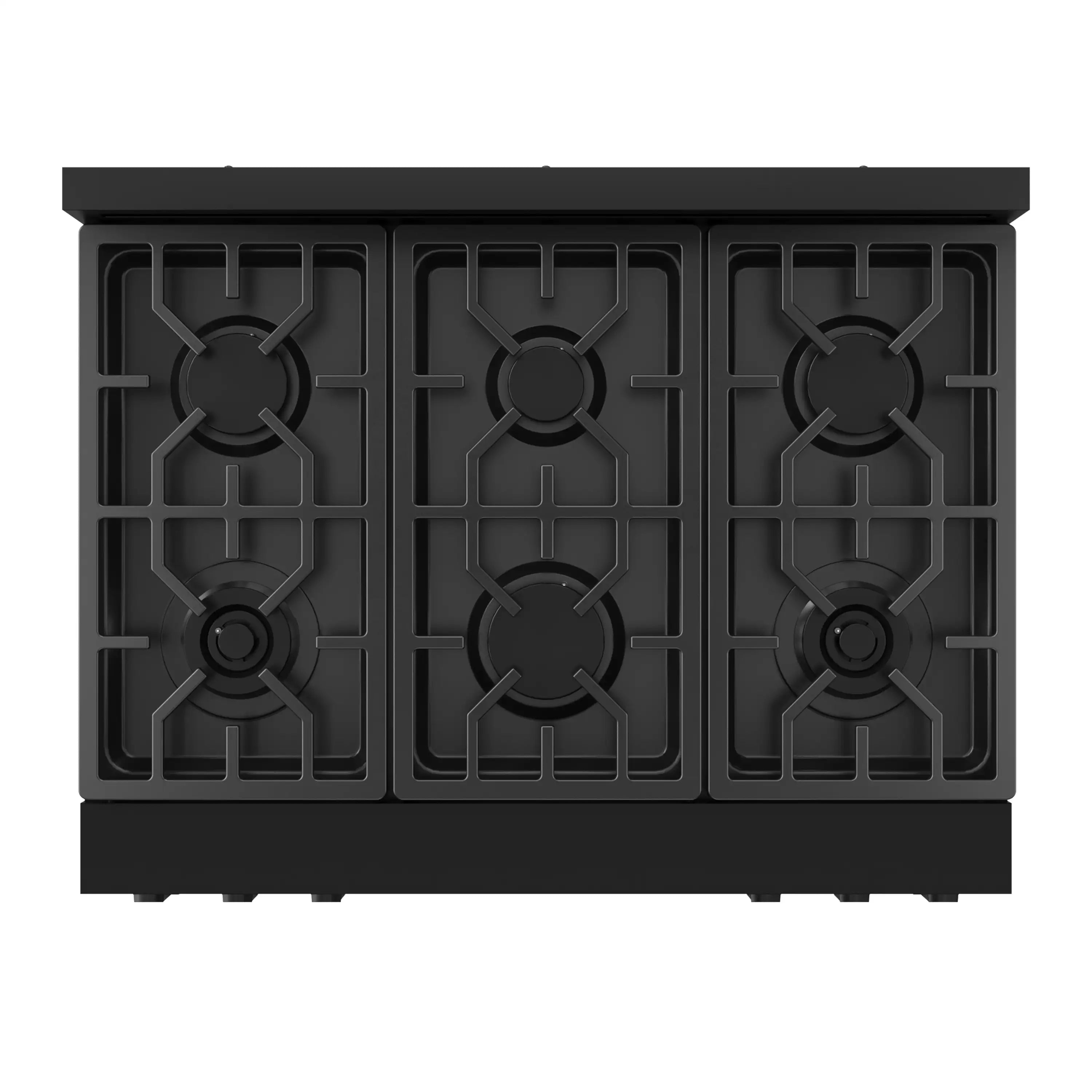 Cooktop of black gas range with multiple burner grates
