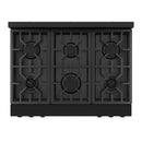 Cooktop of black gas range with multiple burner grates