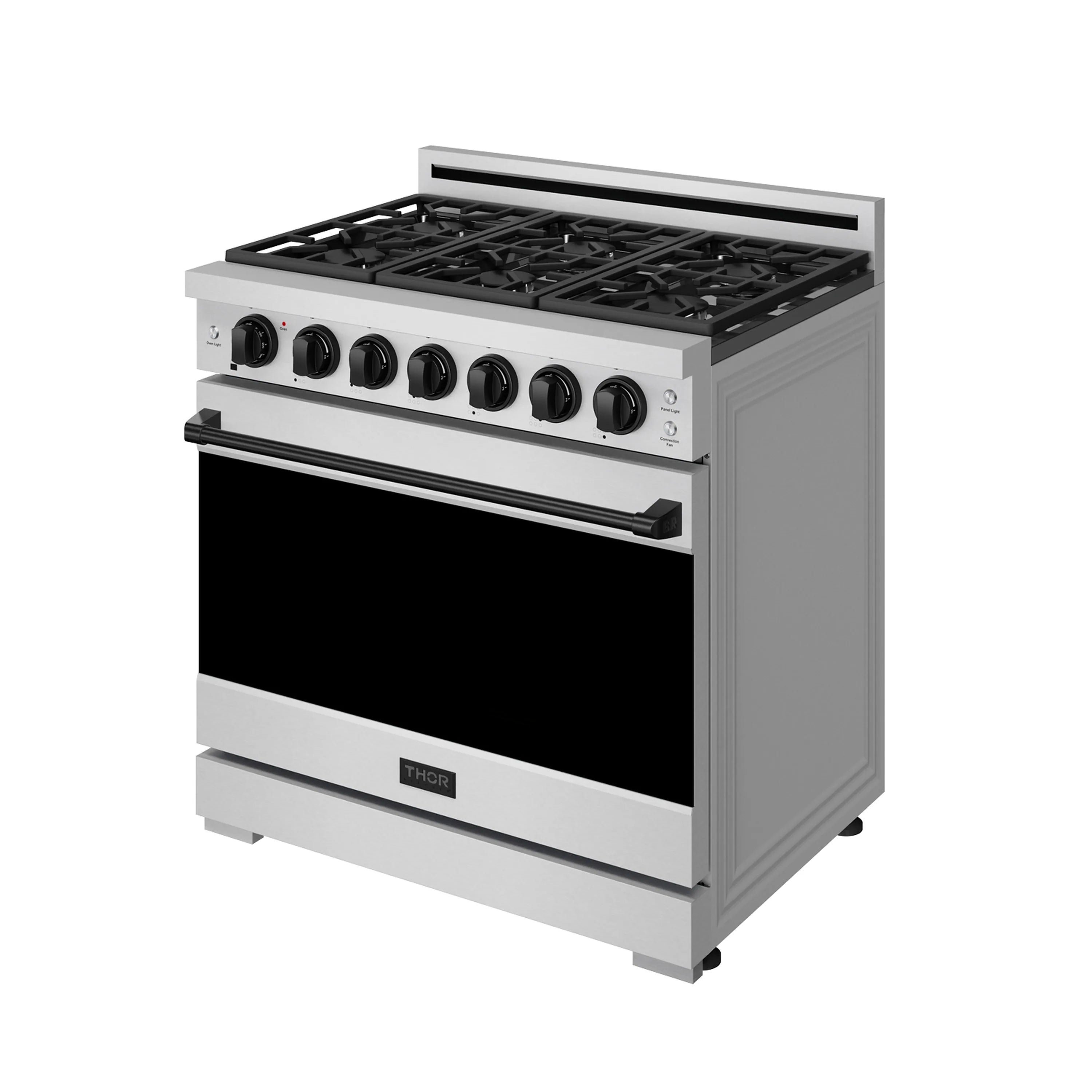 Stainless steel gas range with black oven door and front burner control knobs