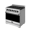 Stainless steel gas range with black oven door and front burner control knobs