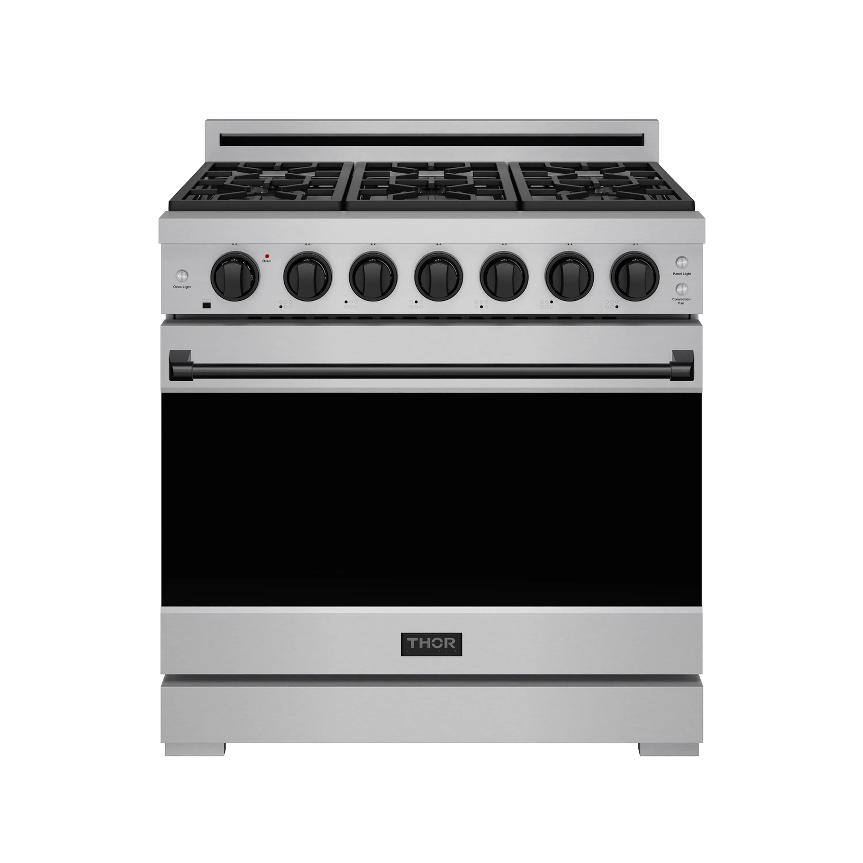 Stainless steel freestanding gas range with six black knobs and black glass oven door