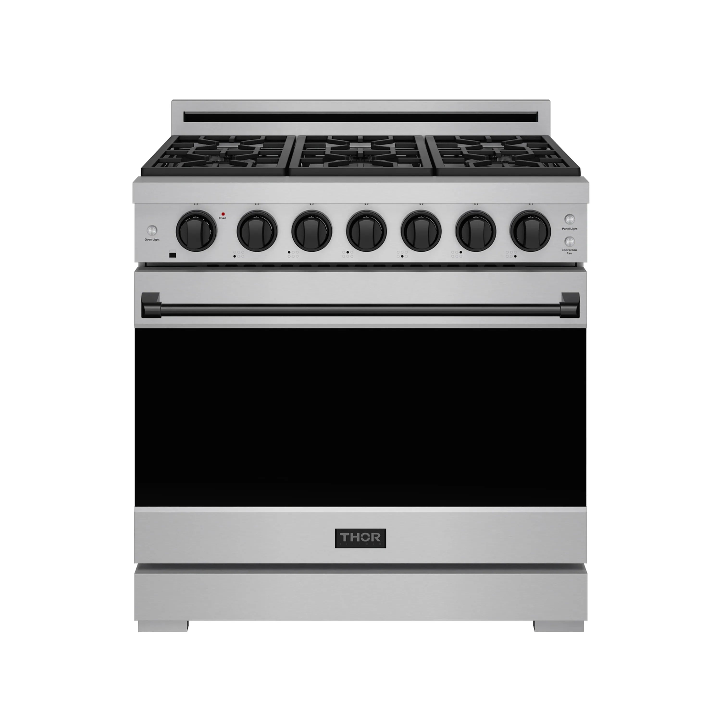 Stainless steel 36-inch propane gas range with black oven door and control knobs