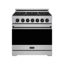 Stainless steel propane gas range with black oven door window and control knobs