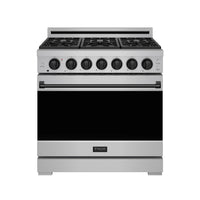 Stainless steel propane gas range with black oven door window and control knobs