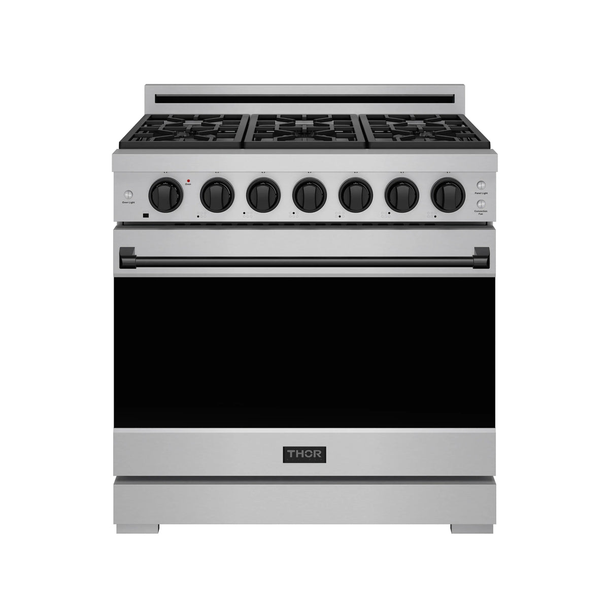 Stainless steel propane gas range with black oven door window and control knobs