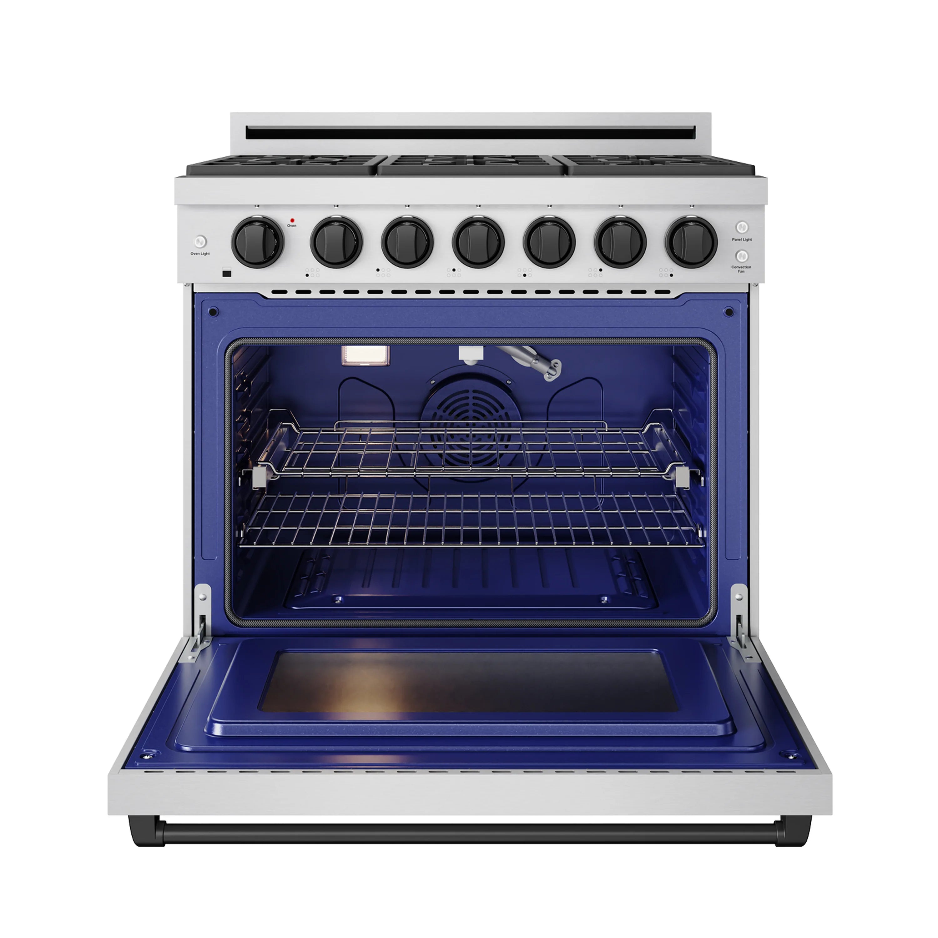 Stainless steel propane gas range with open blue oven cavity, racks, and knobs