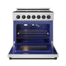 Open professional gas oven with blue interior racks and front burner control panel