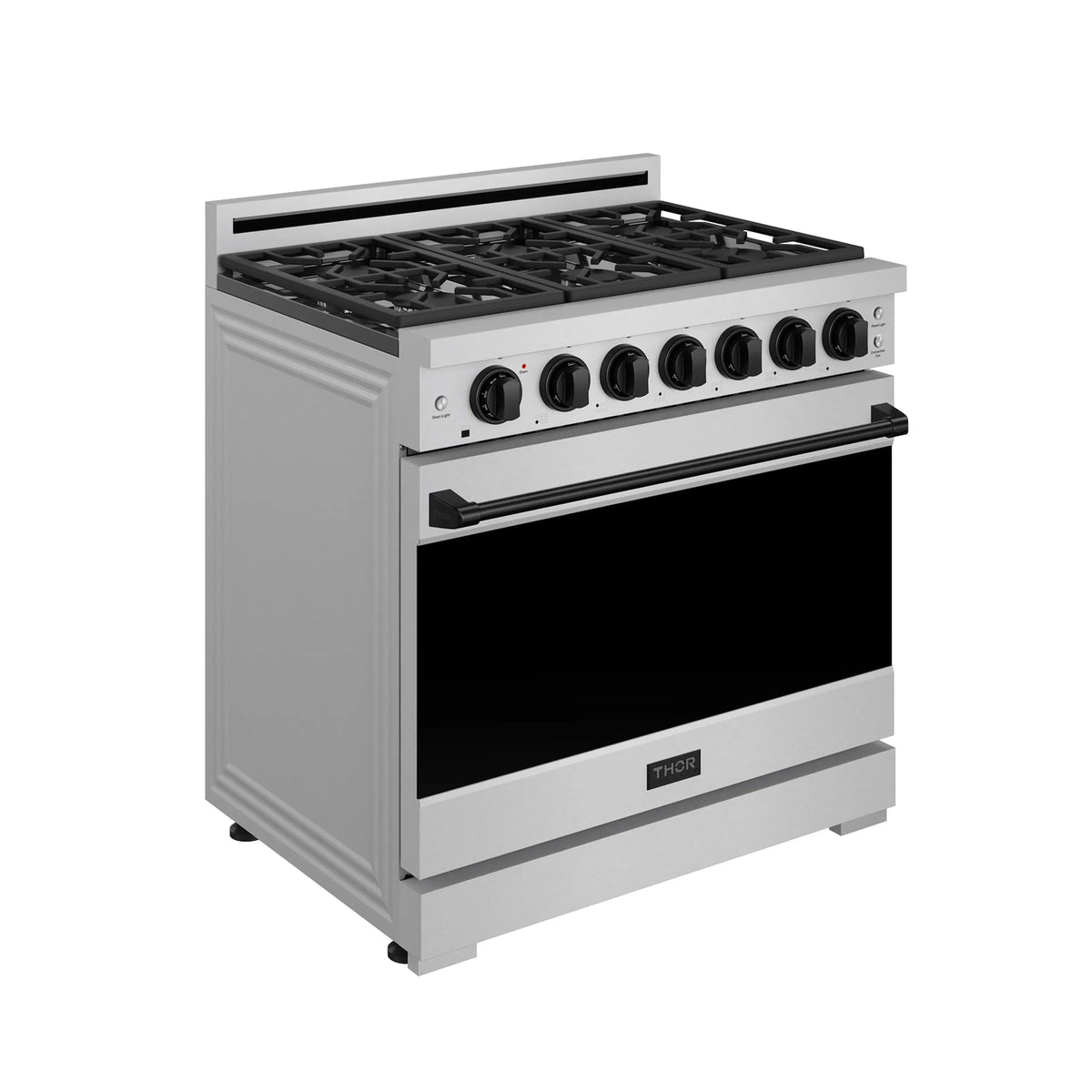 Stainless steel propane gas range with black oven window and burner cooktop