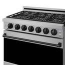 Stainless steel propane gas range with black burner grates and control knobs