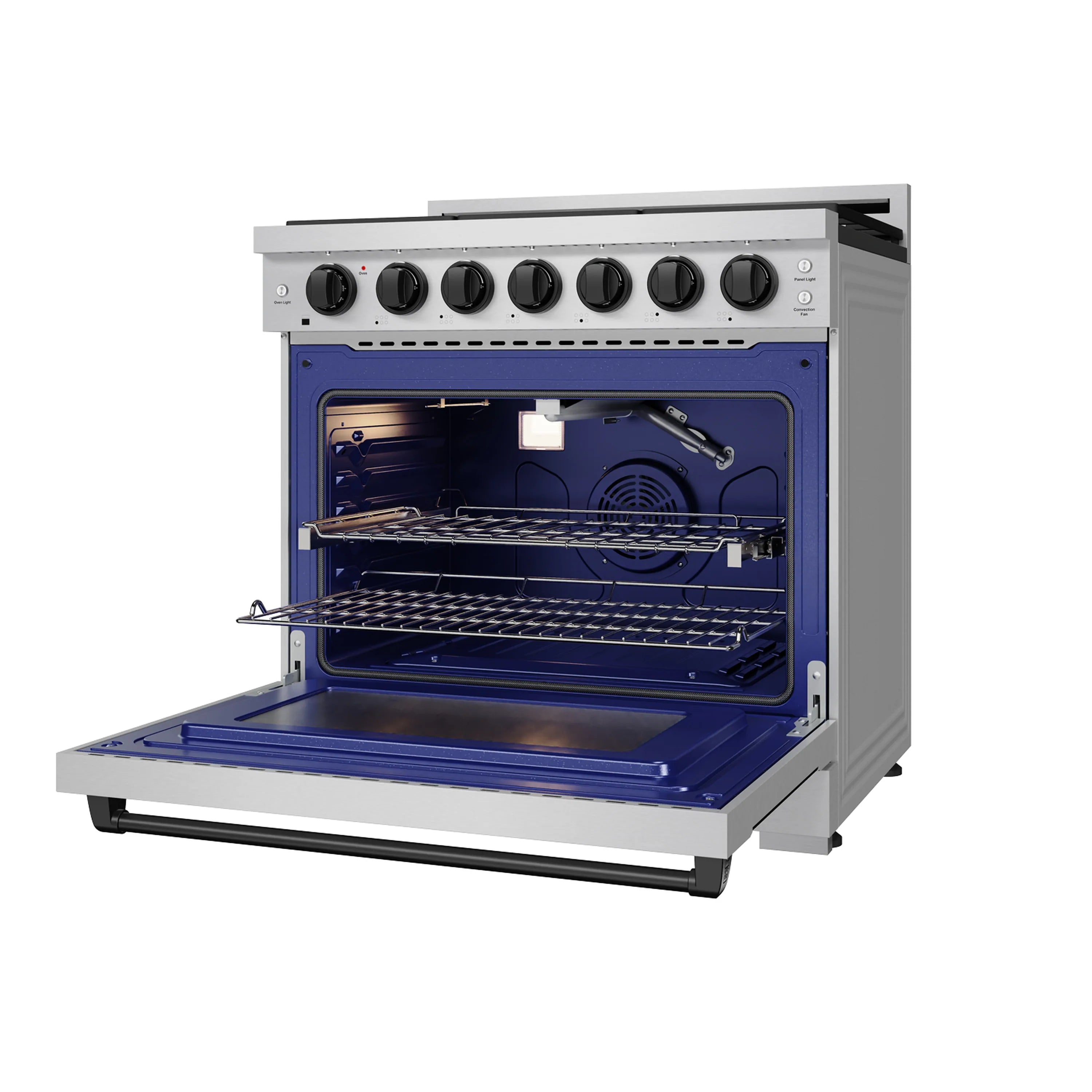Professional gas oven with open door, blue interior, racks, and burner control knobs
