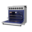 Professional gas oven with open door, blue interior, racks, and burner control knobs