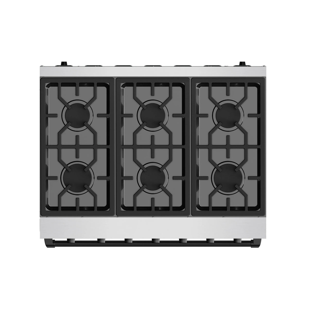 Gas range cooktop with six black burner grates and recessed metal control area