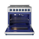 Stainless steel natural gas range with blue-trim oven door open and racks inside