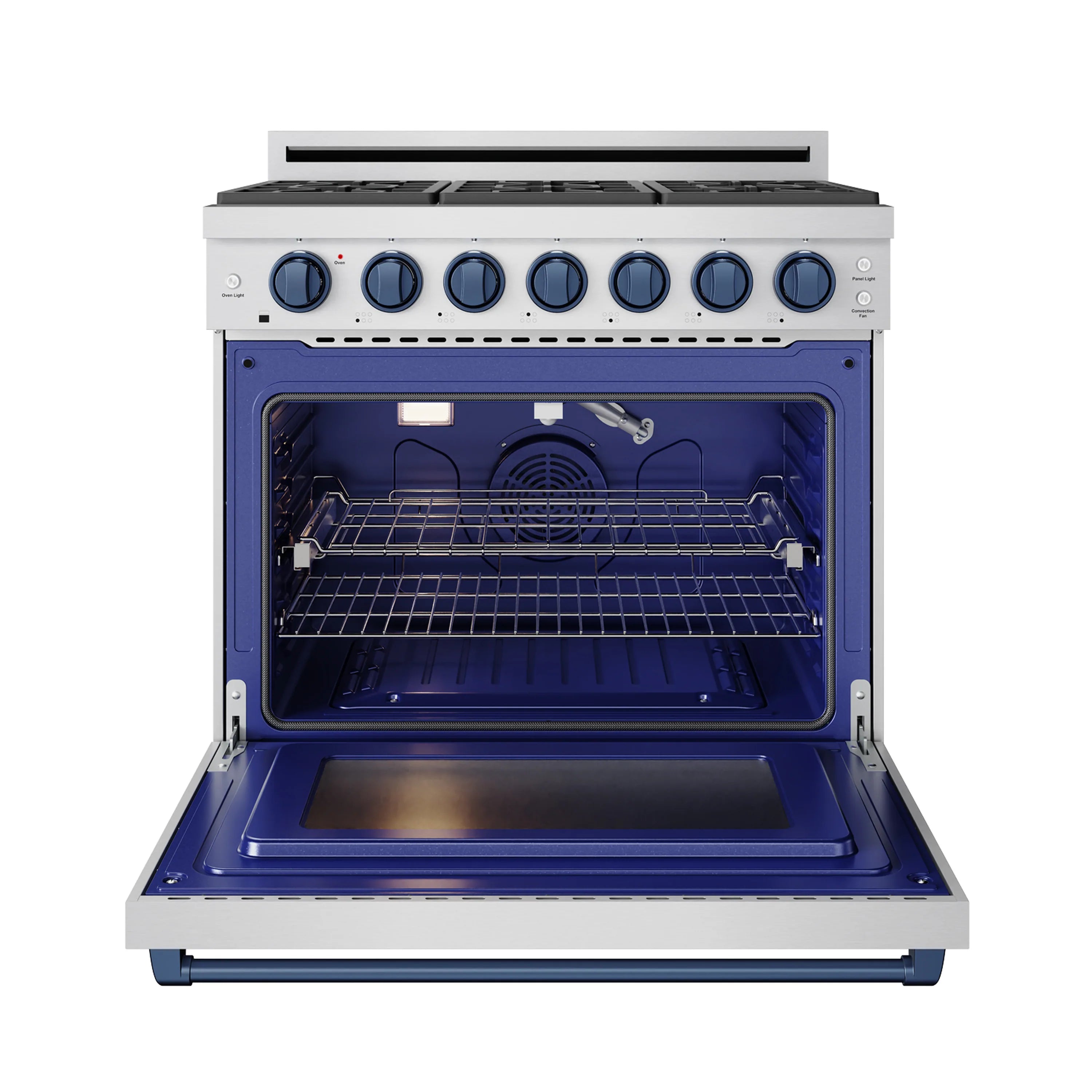 Stainless steel natural gas range with blue-trim oven door open and racks inside