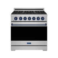 Stainless steel natural gas range front view with blue trim and THOR badge