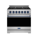 Stainless steel propane gas range with blue trim, top burners and front control knobs