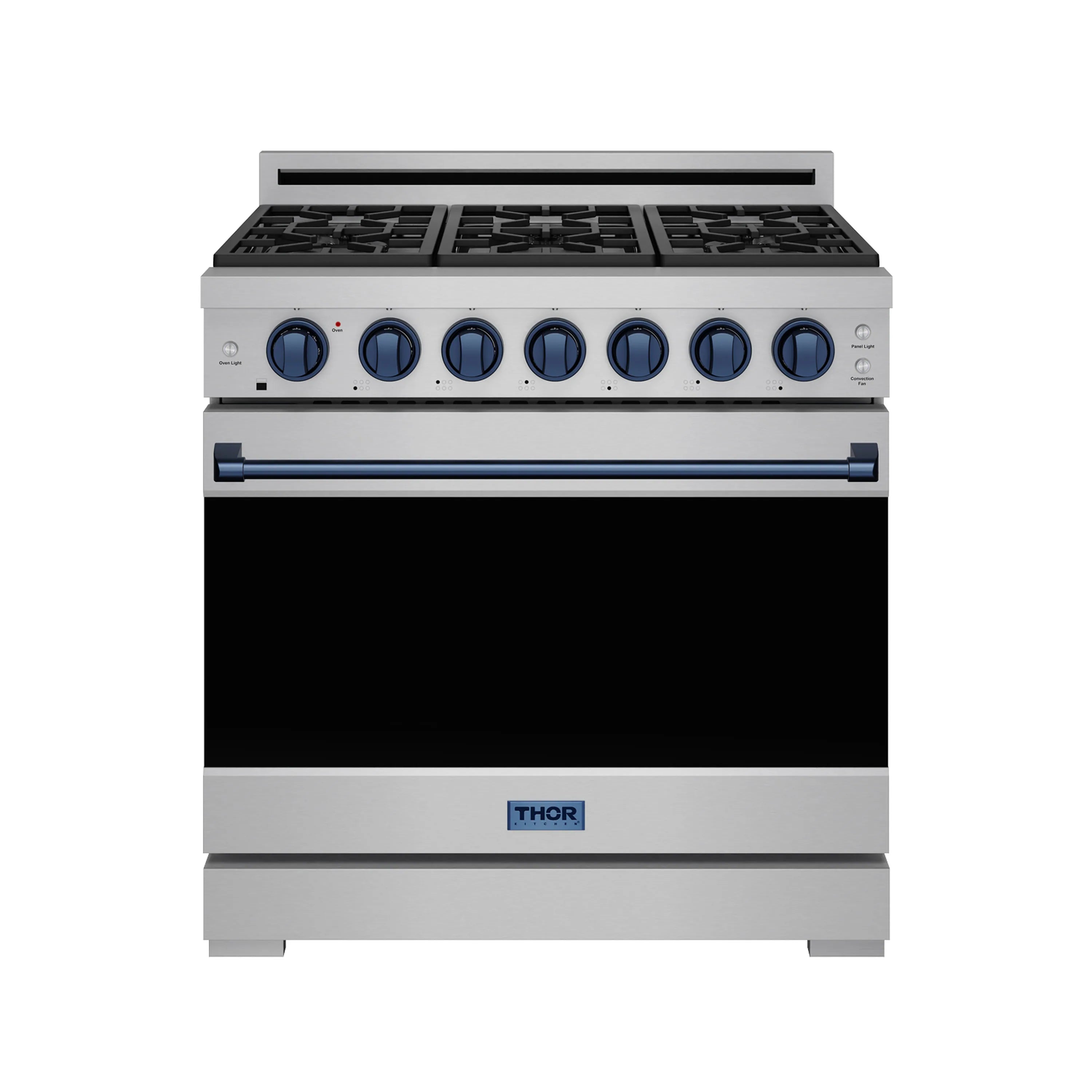 Stainless steel 36-inch gas range with black grates and blue control knobs