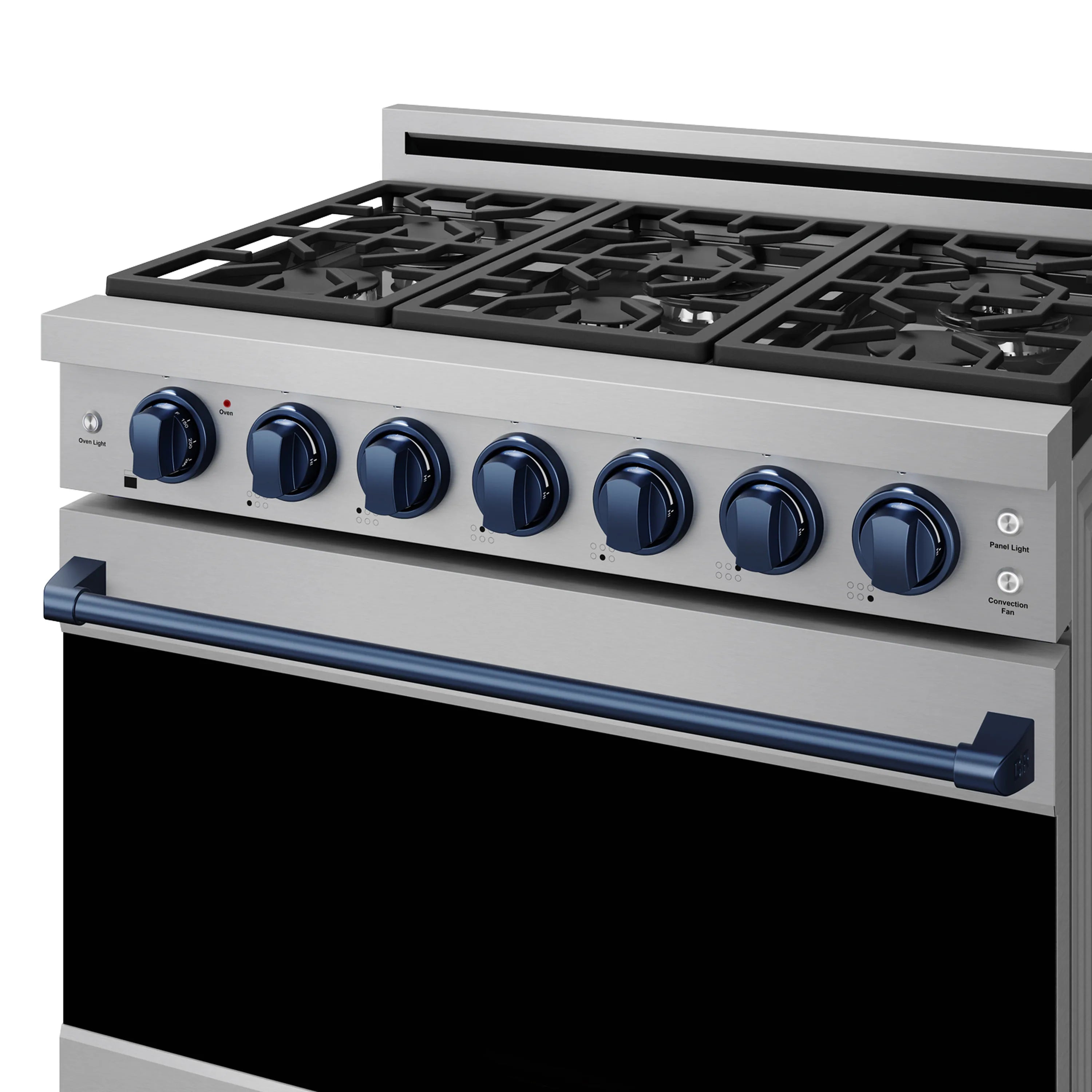 Stainless steel natural gas range cooktop with six black burner knobs and blue trim