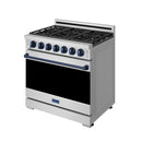 Stainless steel propane gas range with blue trim, top grates and closed black oven door