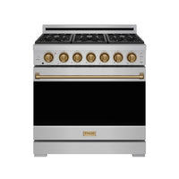 Stainless steel gas range front with gold knobs, black oven door, and bronze handle