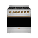 Stainless steel gas range front with gold knobs, black oven door, and bronze handle