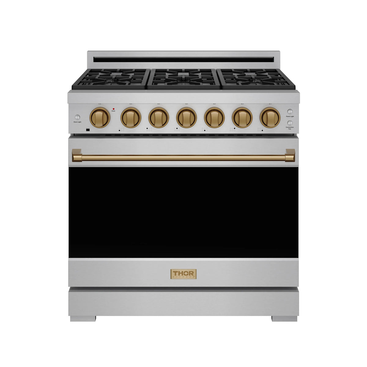 Stainless steel gas range front with gold knobs, black oven door, and bronze handle