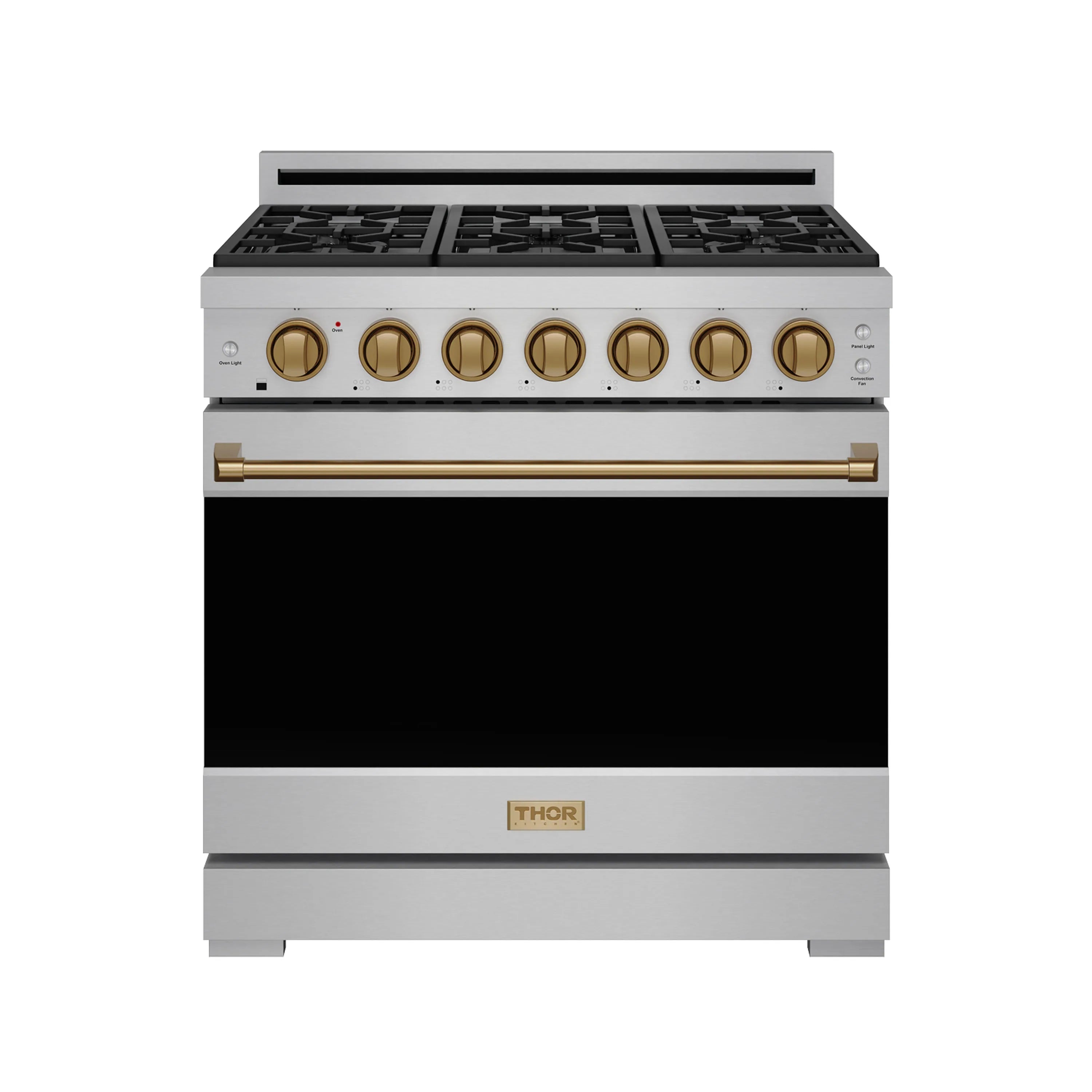 Stainless steel gas range with bronze knobs and trim, black oven door window