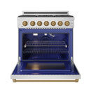 Open blue oven of a stainless steel gas range with racks, broiler area, and knobs