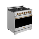 Stainless steel gas range with bronze trim, six burners, and gold control knobs