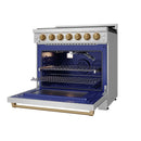 Open blue oven cavity of a stainless steel gas range with oven rack and back panel
