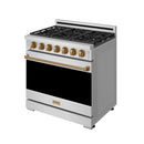 Stainless steel gas range with bronze handle trim, six-burner cooktop, and black door
