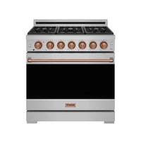 Stainless steel 36-inch gas range with copper knobs, black oven door, and rose-gold trim