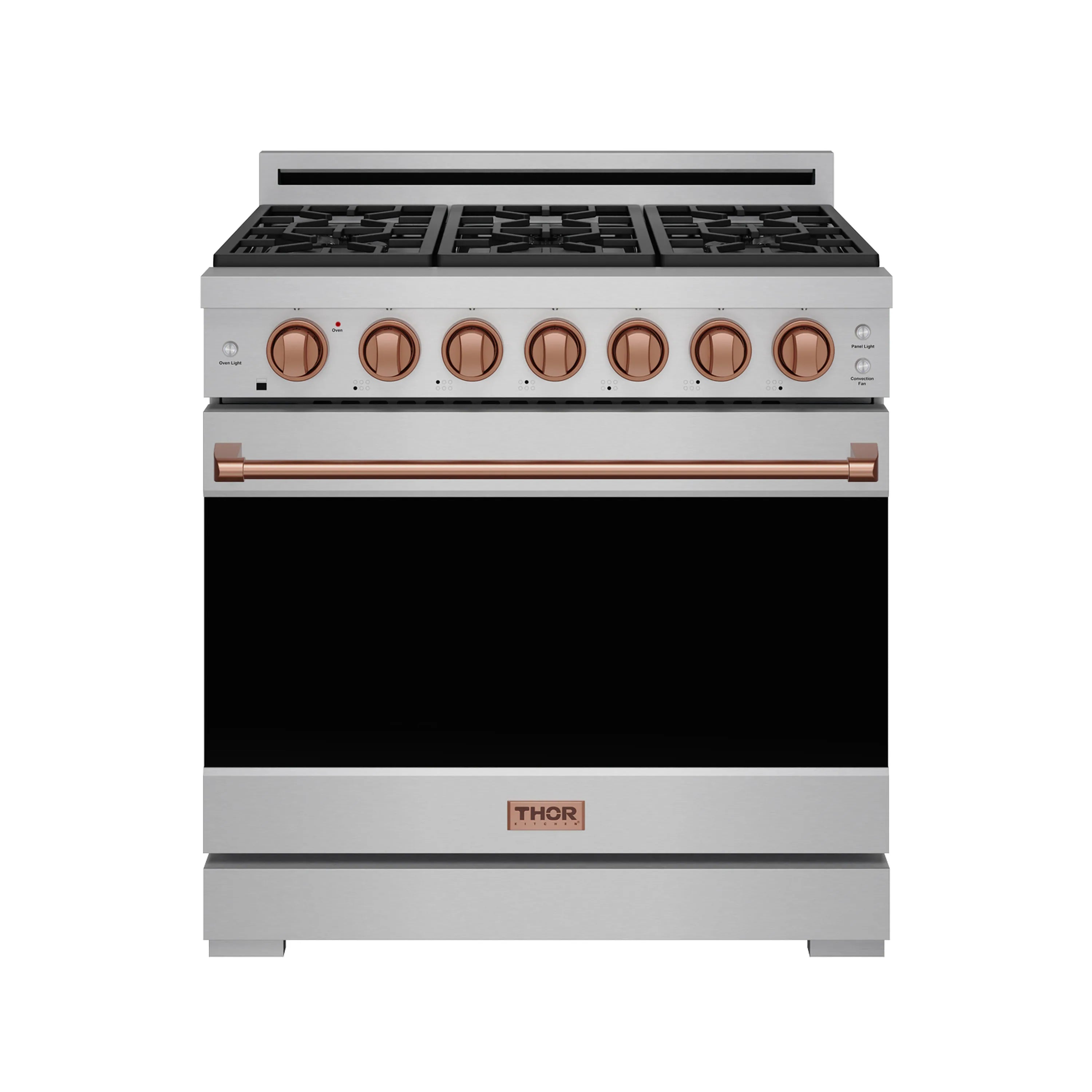 Stainless steel 36-inch gas range with copper knobs, black oven door, and rose-gold trim