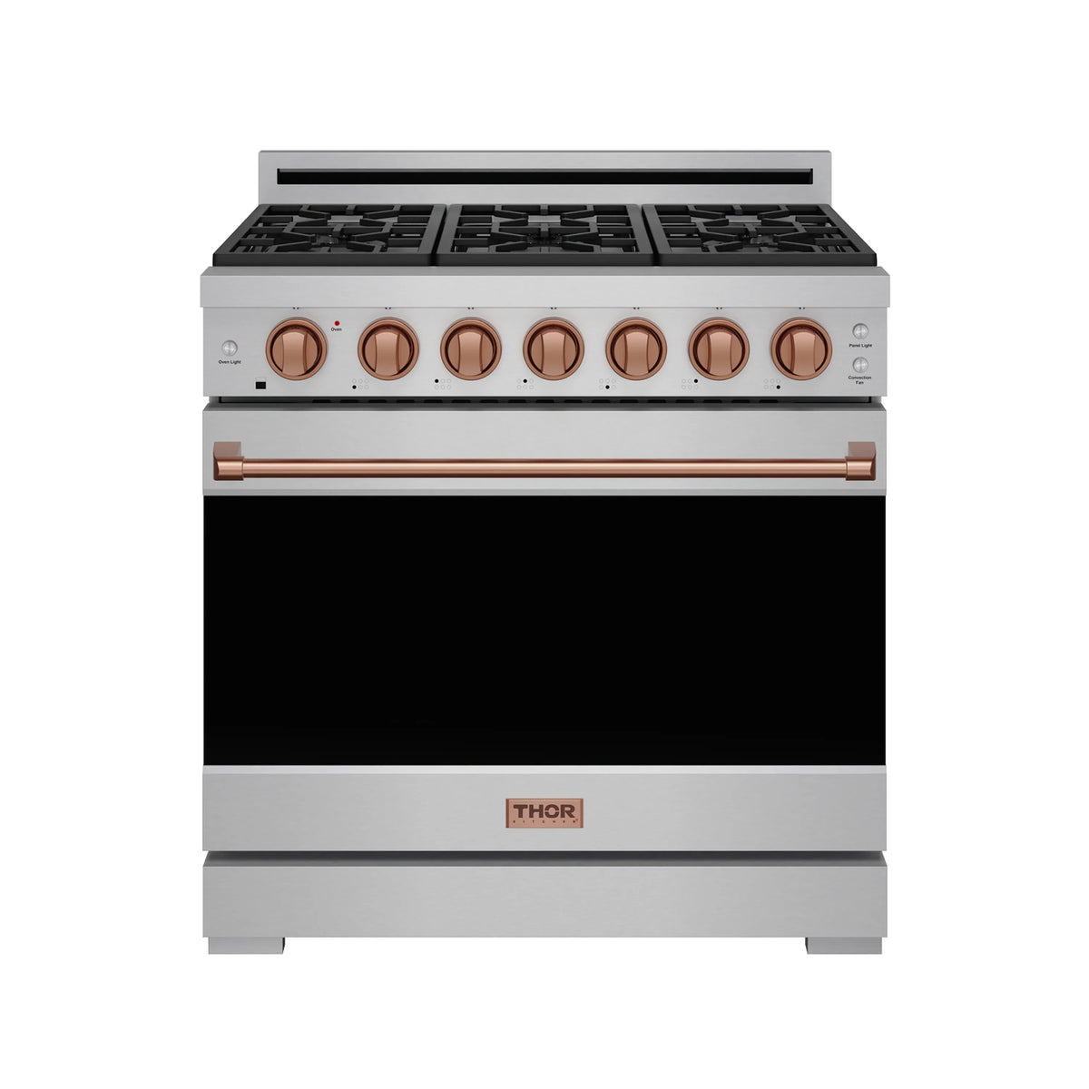 Stainless steel 36-inch gas range with copper knobs, black oven door, and rose-gold trim