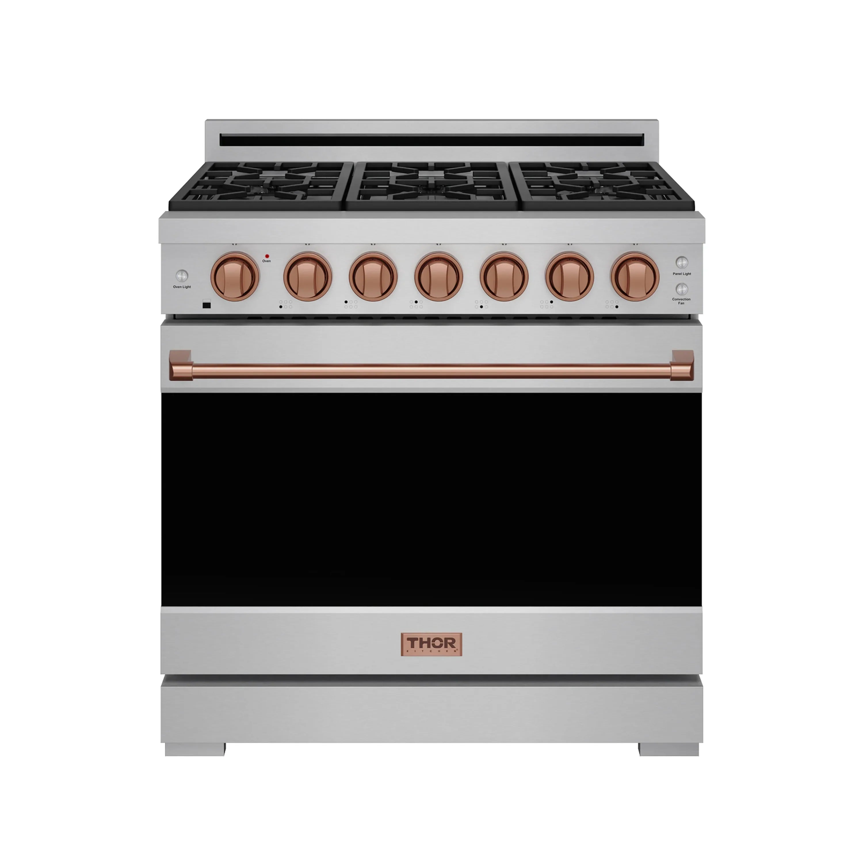 Stainless steel gas range with copper knobs and trim, black glass oven door
