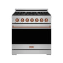 Stainless steel 36-inch gas range with copper knobs, black oven door, and rose-gold trim