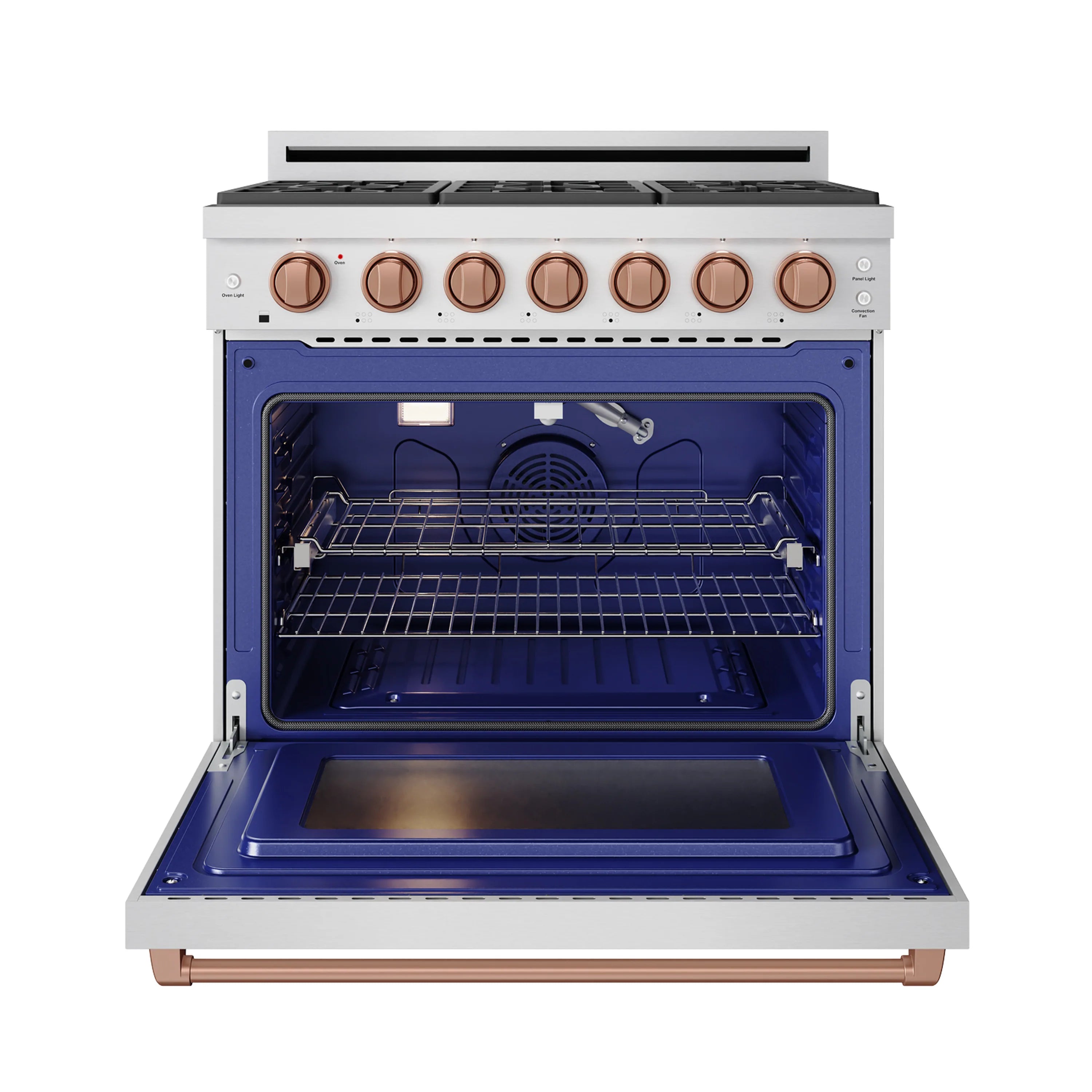 Stainless steel 36-inch gas range with copper knobs and open blue oven door