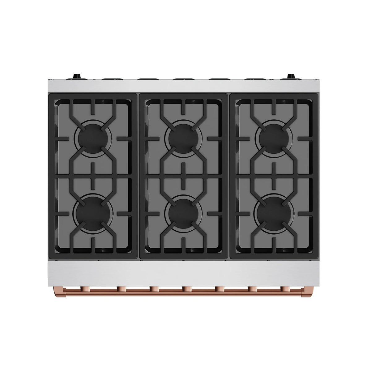 Gas range cooktop with six black grates and stainless burner modules