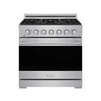 Stainless steel gas range front view with black oven door and burner knob controls