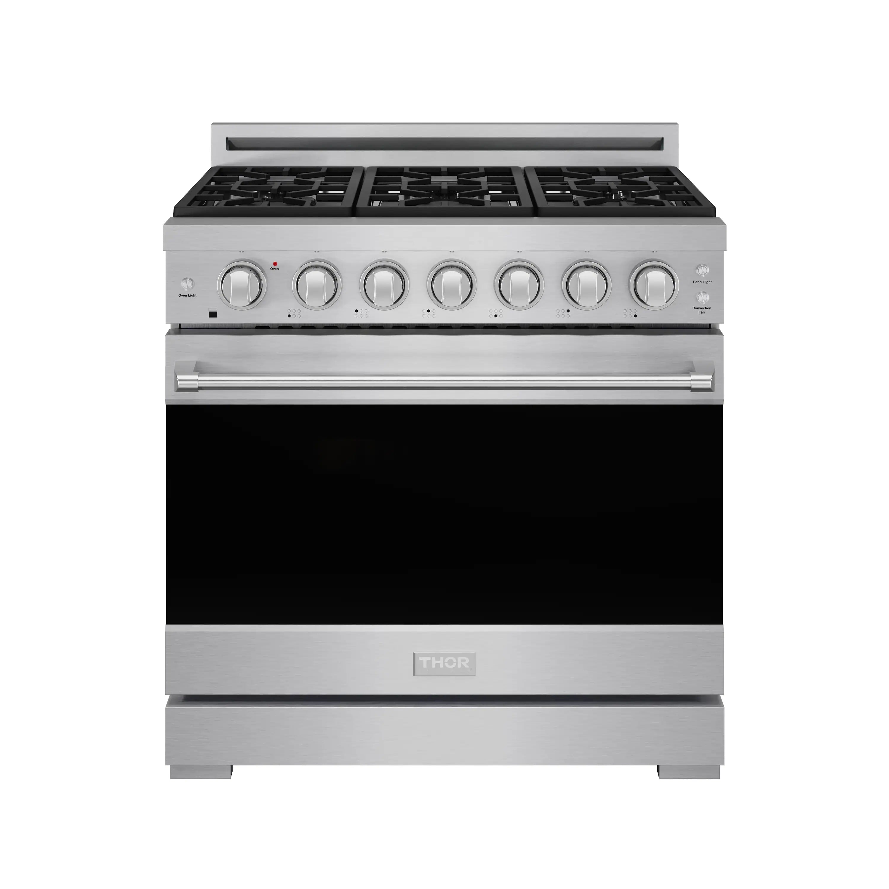 Stainless steel 36-inch propane range with six burner knobs and black cooktop grates
